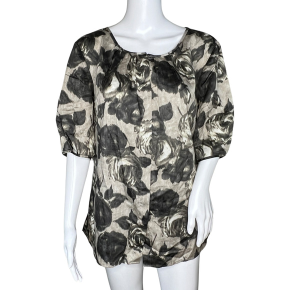 Talbots Shirt Womens 14 Black Gray Floral Flowers Puff Sleeve Roses Romantic - Picture 1 of 8